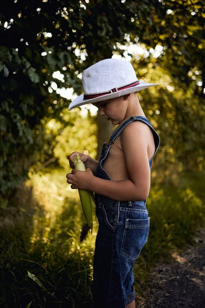Tarlada Şapka Takan Beyaz Bir Çocuk — Stok fotoğraf
