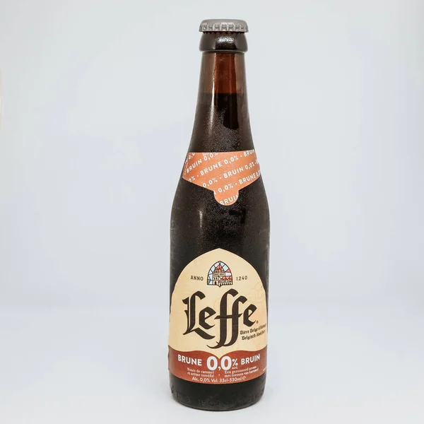 Glass Bottle Leffe Trappist Belgian Beer Isolated Gray Background — Stock Photo, Image