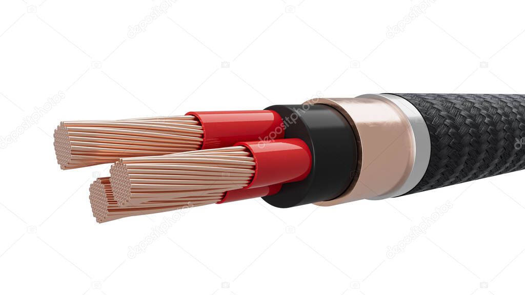 Electrical copper core multi strand cables. Single-core, two-core and three-core wires 3d for web and print