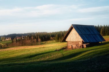 Güneşli bir günde eski bir ahşap evin büyüleyici manzarası.