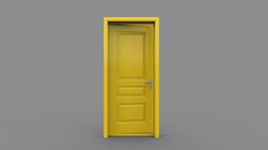 Açık, kapalı kapının yaratıcı çizimi, girişi gerçekçi sarı kapı girişi. Arka planda 3 boyutlu illüstrasyon.