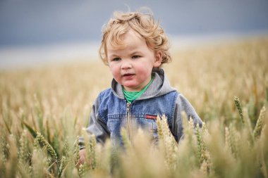 Buğday tarlasında duran sarışın, beyaz bir çocuk.
