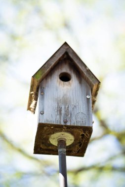 Güneşte arka bahçede duran yıpranmış eski bir kuş evinin dikey çekimi.