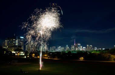 Gece şehir parkında güzel bir havai fişek gösterisi.
