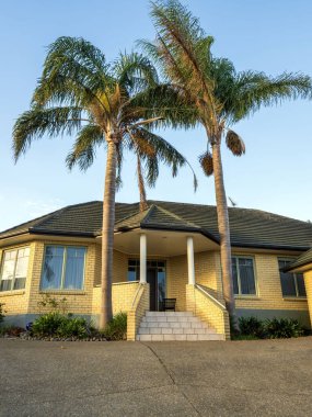 Avuç içleriyle banliyö evi manzarası. Auckland, Yeni Zelanda - 20 Mayıs 2022