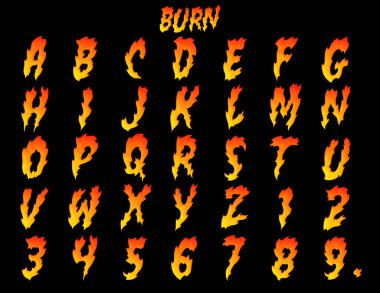 Siyah bir arkaplan üzerine kurulmuş yanan bir gradyan alfabesinin ve sayıların bir çizimi.