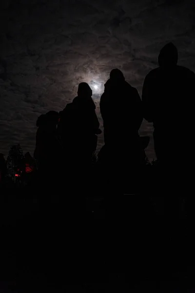 Bulutlu Gökyüzü Arka Planına Karşı Bir Grup Insanın Dikey Görüntüsü — Stok fotoğraf