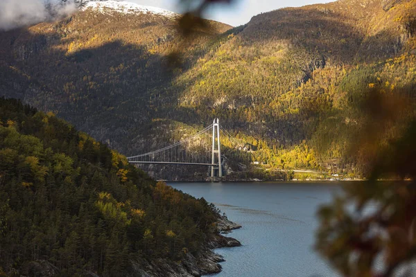 Pohled Hardangerský Most Obklopený Zelenými Kopci Norsko — Stock fotografie