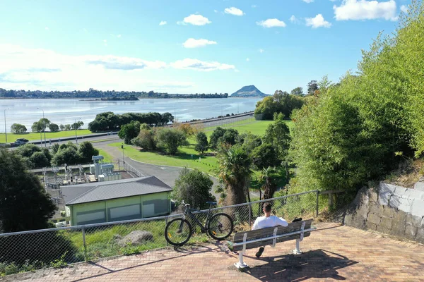 緑の風景とニュージーランドの海に対して自転車でベンチに座っている男の高い角度のショット — ストック写真