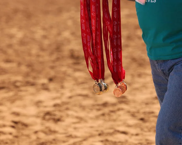 Closeup Person Walking Special Olympics Medals Equine Special Olympics Competition — Stock Photo, Image