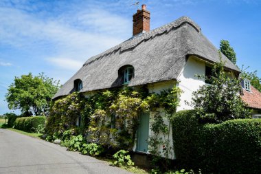 Bulutlu mavi gökyüzünün altında büyüyen yeşilliklerle kaplı geleneksel eski bir ev.