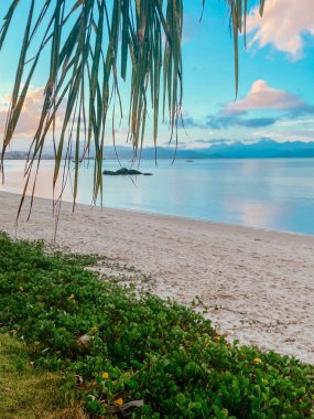 Gün batımında kumlu sakin bir sahil