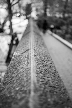 Bir köprünün ve yayaların bulanık arka planına sahip bir taşın dikey gri ölçekli görüntüsü.