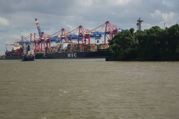 Waltershof, Hamburg Mitte, Hamburg, Almanya, 1 Temmuz 2019, Hamburg liman konteynır terminali Buchardkai Elbe Nehri 'nden görüldü (yatay görüntü)