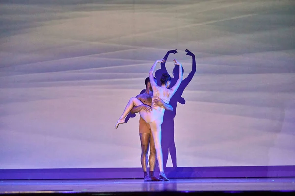 Widok Tyłu Młodych Tancerzy Baletowych Kobiet Mężczyzn Występujących Scenie — Zdjęcie stockowe