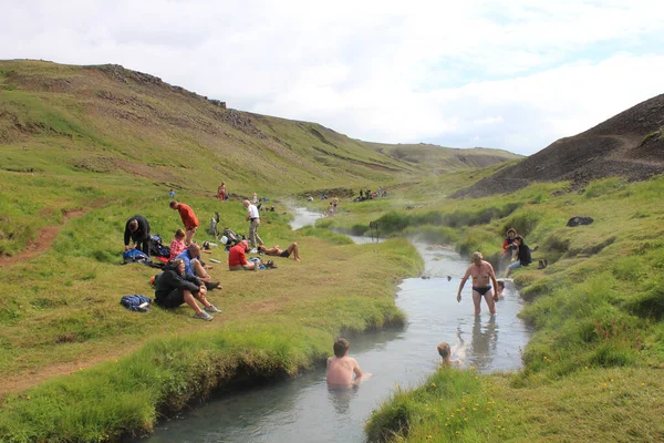 July 2011 Hveragerdi Iceland People Taking Bath Steaming Hot River — Stock Photo, Image