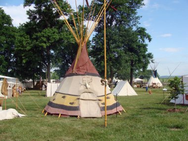 Mavi gökyüzü arka planında ağaçlarla çevrili bir çayırda Hint tarzı çadır.