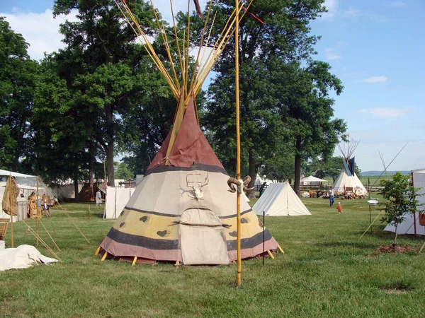 Mavi gökyüzü arka planında ağaçlarla çevrili bir çayırda Hint tarzı çadır.