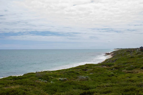 Красивый Вид Пляж Покрытый Зеленым Мхом Спокойным Морем Облачным Небом — стоковое фото