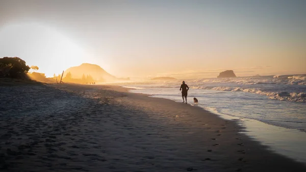 The silhouettes of a person running with their dog on the sandy beach against ocean waves at sunset in New Zealand