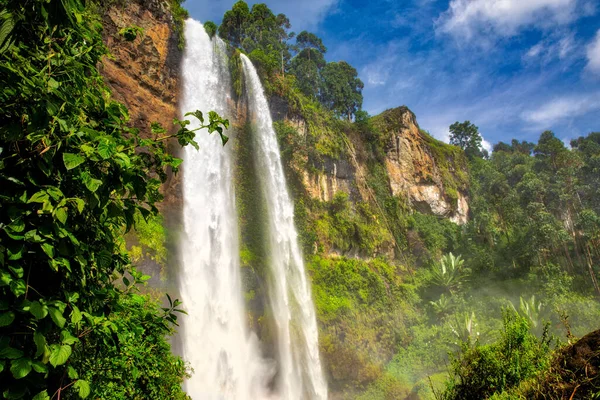 Tropik bir ormandaki kayalık bir dağda akan güzel bir şelale manzarası.