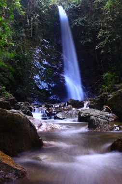 Kayalık nehre düşen şelalenin dikey görüntüsü