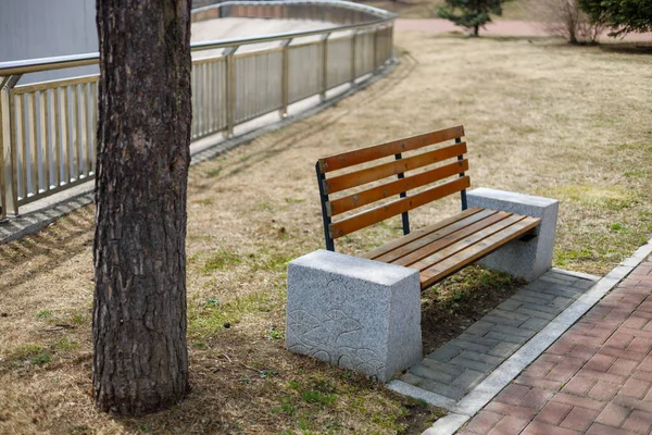 Een Prachtig Uitzicht Een Houten Bank Een Park Naast Een — Stockfoto