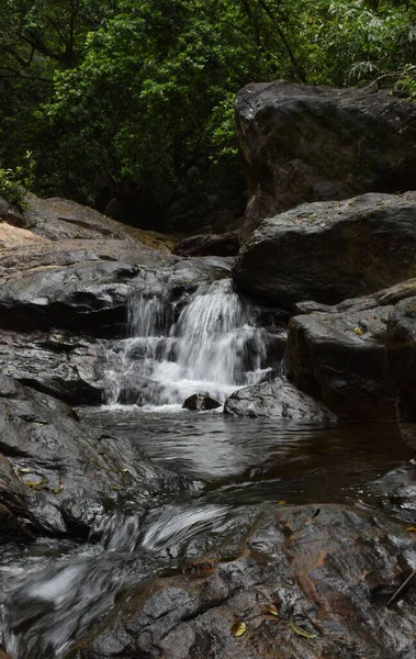 森林中被岩石环绕的小瀑布的垂直镜头 — 图库照片