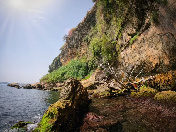 Bela Vista Penhasco Com Pedras Cobertas Musgo Água — Fotografia de Stock