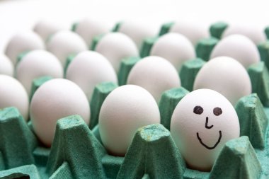 Beyaz tavuk yumurtası gülümsemesi ve beyaz arka planda izole edilmiş yumurta sıraları. Mutluluk kavramı, duygu, ifade, yemek, yemek.