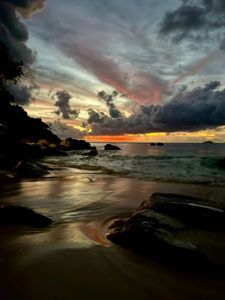 Mesmerizing View Sunset Sandy Beach Seychelles — Stock Photo, Image