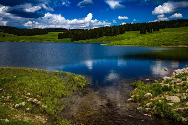 Eine Luftaufnahme Des Flusses Umgeben Von Grünen Feldern Unter Blauem — Stockfoto