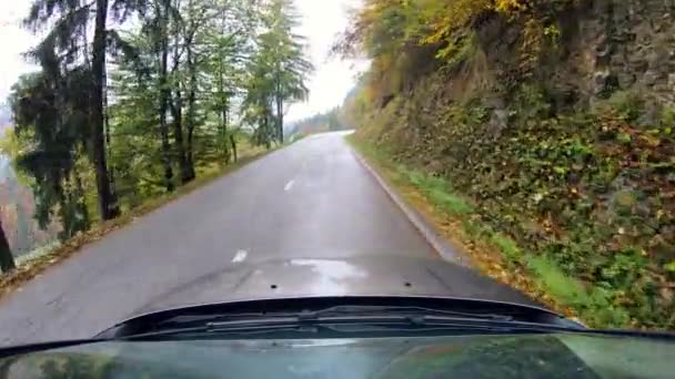 Een Krijgsgevangene Van Een Auto Rijdend Een Smalle Landweg Regen — Stockvideo