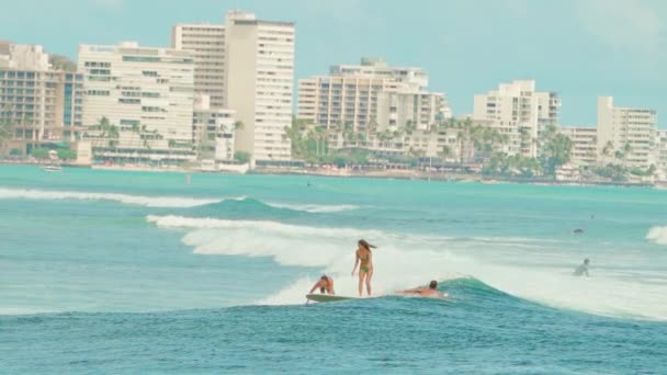 Frau Fährt Mühelos Surfbrett Honolulu Hawaii Schuss Zeitlupe — Stockvideo