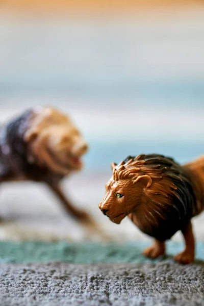毛毯上一只棕色狮子玩具的特写镜头 在模糊的背景下还有另一只狮子玩具 — 图库照片