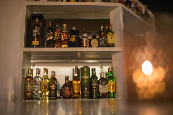 Different Alcohol Bottle Shelf Restaurant Bar — Stock Photo, Image