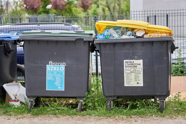 Poznan, Polonya 'da, Zegrze bölgesinde art arda dolu bir çöp konteynırı.