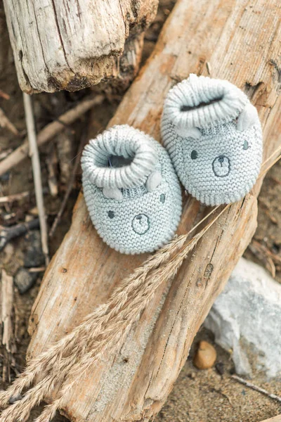 木片上の新生児のためのかわいいニットブルーの靴 — ストック写真