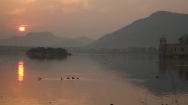 Jal Mahal, Rajasthan, Hindistan 'da güneş doğuyor. Kuşlar gölün üzerinde uçuyor.