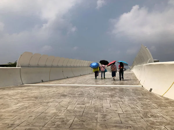 Back View Group People Umbrellas Walking Footbridge — Stock Photo, Image