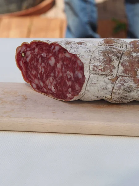 Catering Waiting Staff Hand Knife Slicing Salami Ham Buffet Venue — Stock Photo, Image