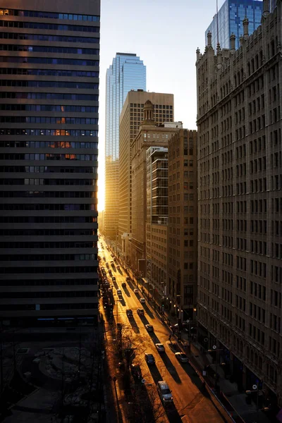 日落时分 达拉斯市中心被摩天大楼环绕着的垂直照片 — 图库照片