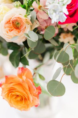 Güzel kokulu, pembe ve şeftali rengi güllerle dikey bir poz.