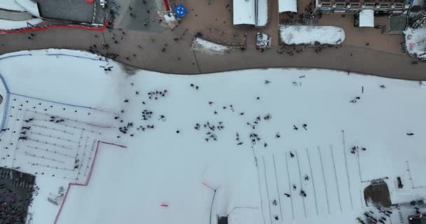 Amazing Aerial Top View People Skiing Snow Covered Park — Stock Video