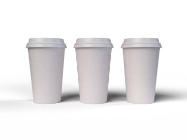 Katı bir arka planda beyaz kahve fincanlarının üç boyutlu çizimi