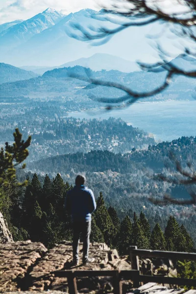 Yeşil ormanlar ve karlı dağlarla çevrili gölün güzelliğine hayran olan genç bir adamın dikey arka görüntüsü.