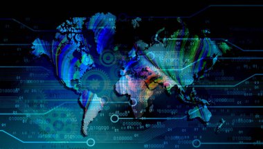 Yüksek hız. Dünya haritası soyut teknoloji arkaplan kavramı. Koyu mavi arkaplan üzerinde hareket deseni ve hareket bulanıklığı.