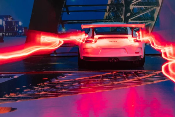 Luxurious White Porsche Gt3 Neon Light Traces Auto Show Pershore — Stock Photo, Image