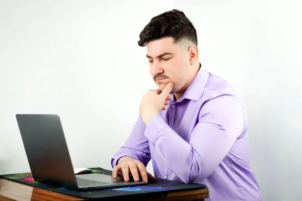 Close Man Performing Actions Laptop Greeting Emotions Making Video Calls — Stock Photo, Image