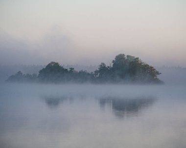 Ağaçlı, sisli bir göl manzarası.